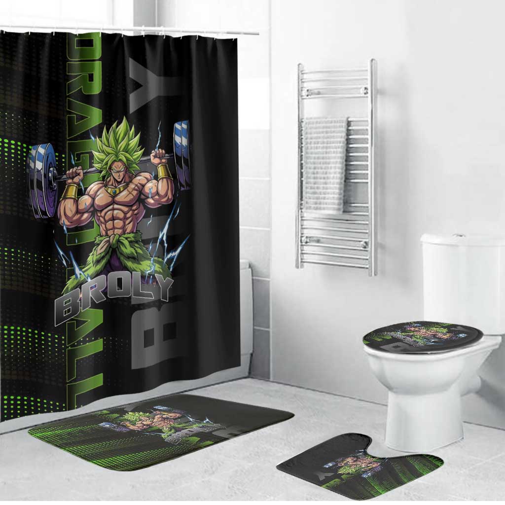 Broly Gym Theme Black and Green Design Bathroom Set with Powerlifting Pose and Electrified Muscle Artwork - The Mazicc