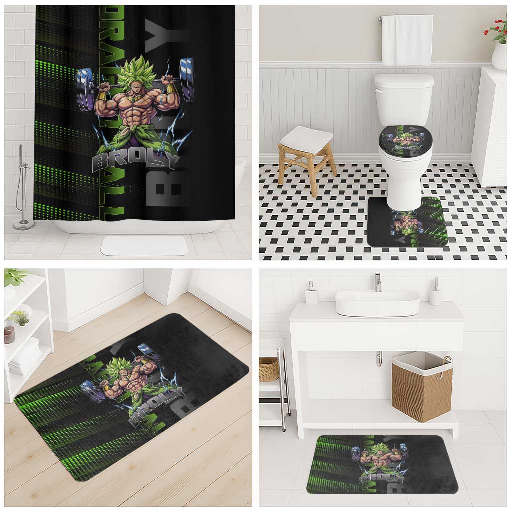 Broly Gym Theme Black and Green Design Bathroom Set with Powerlifting Pose and Electrified Muscle Artwork - The Mazicc