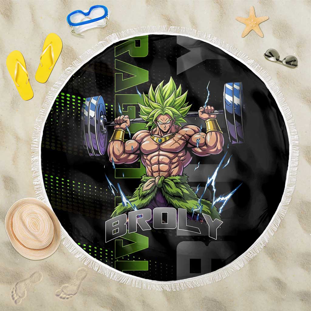 Broly Gym Theme Black and Green Design Beach Blanket with Powerlifting Pose and Electrified Muscle Artwork - The Mazicc