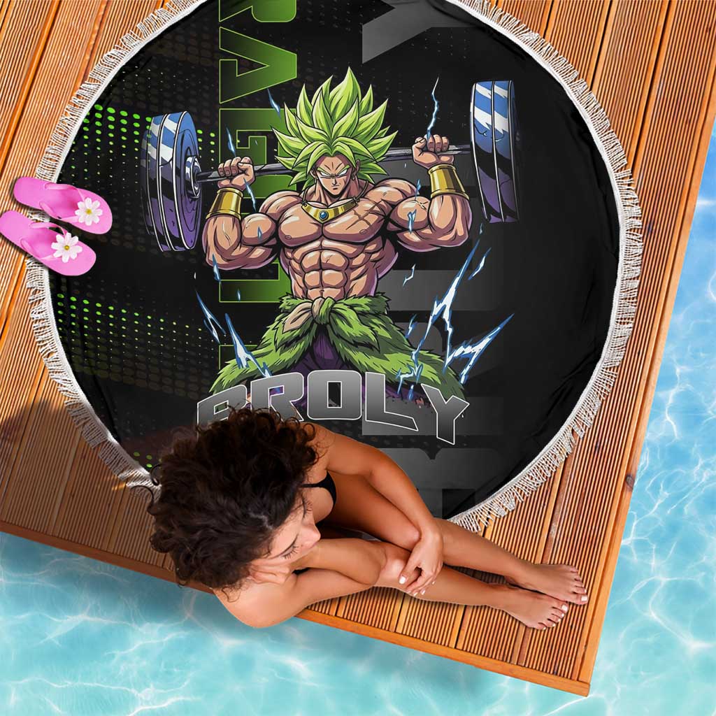 Broly Gym Theme Black and Green Design Beach Blanket with Powerlifting Pose and Electrified Muscle Artwork - The Mazicc