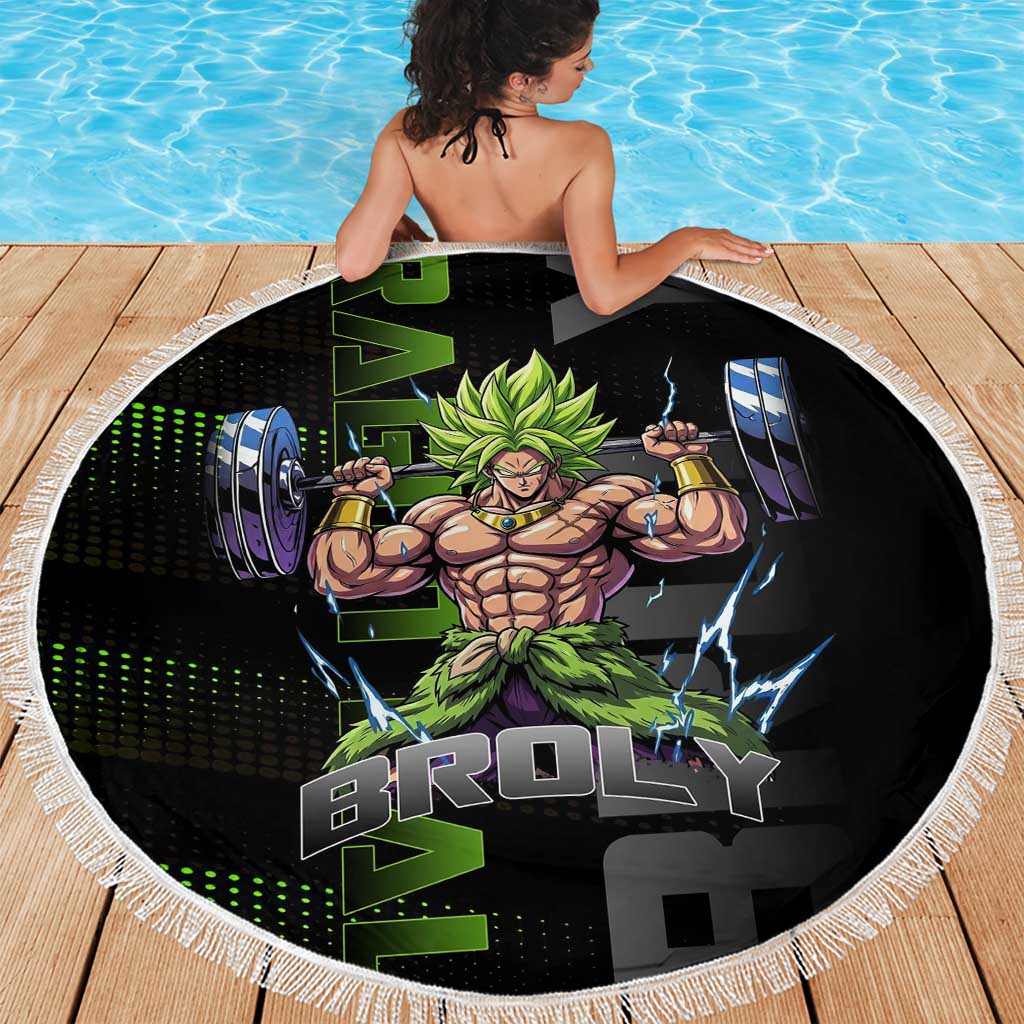 Broly Gym Theme Black and Green Design Beach Blanket with Powerlifting Pose and Electrified Muscle Artwork - The Mazicc