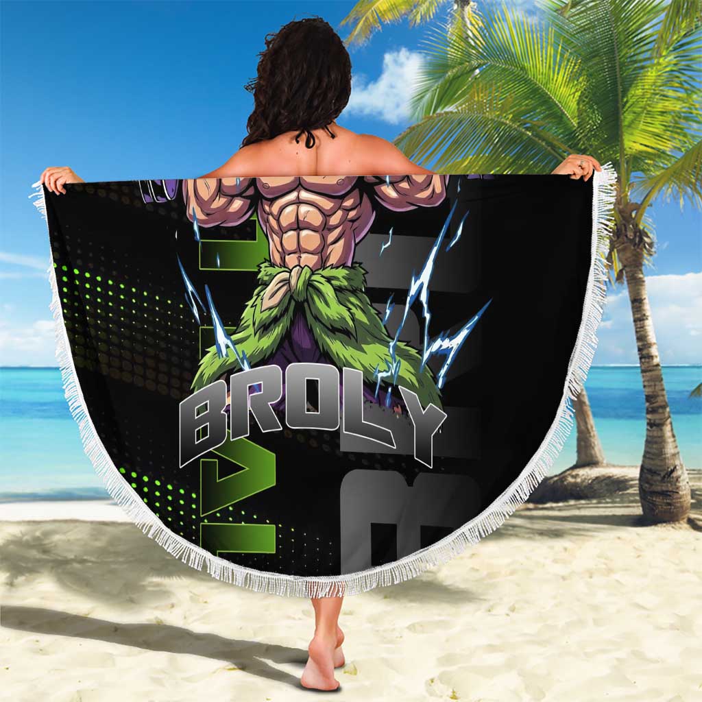 Broly Gym Theme Black and Green Design Beach Blanket with Powerlifting Pose and Electrified Muscle Artwork - The Mazicc