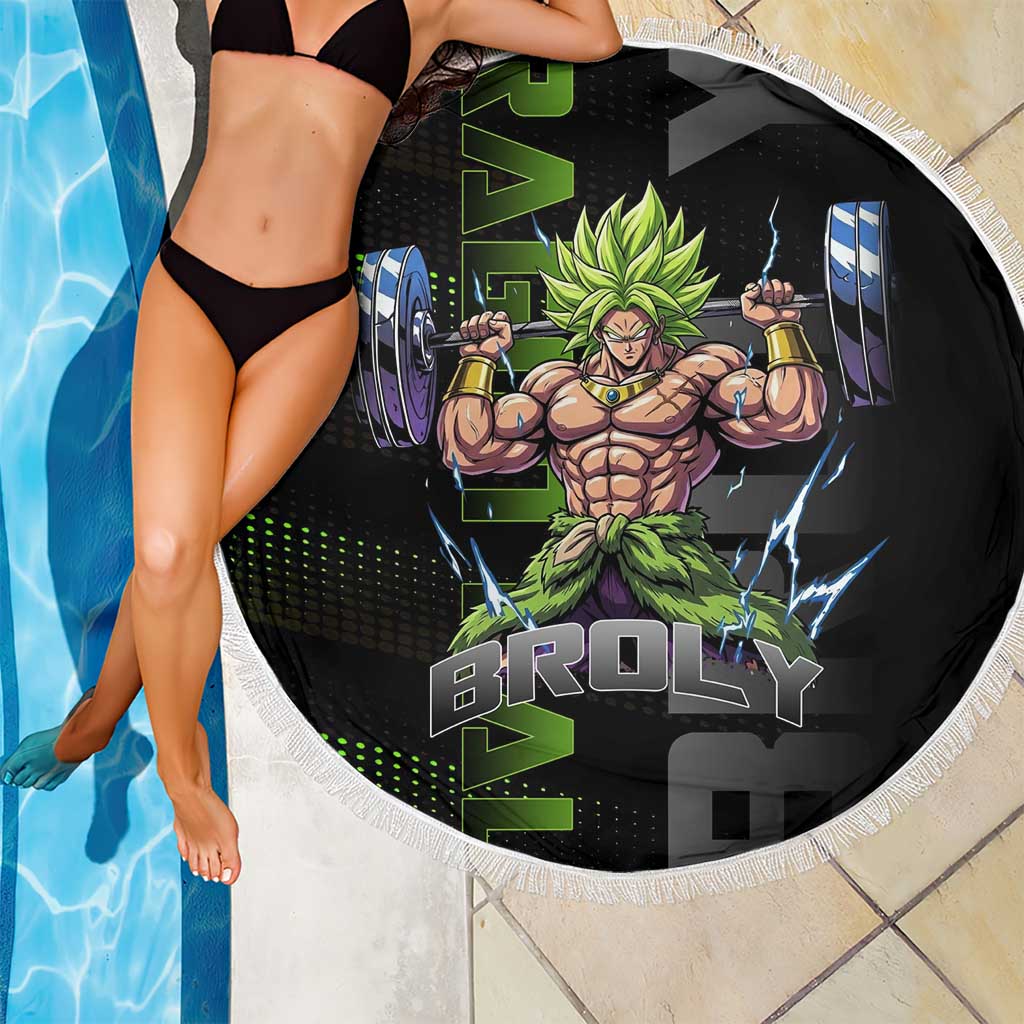 Broly Gym Theme Black and Green Design Beach Blanket with Powerlifting Pose and Electrified Muscle Artwork - The Mazicc