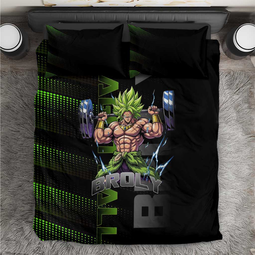 Broly Gym Theme Black and Green Design Bedding Set with Powerlifting Pose and Electrified Muscle Artwork - The Mazicc
