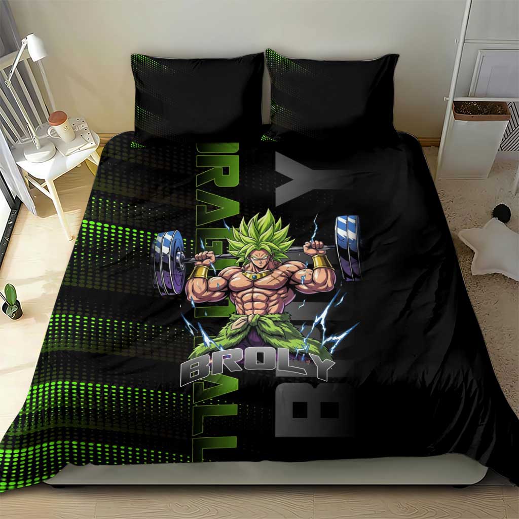 Broly Gym Theme Black and Green Design Bedding Set with Powerlifting Pose and Electrified Muscle Artwork - The Mazicc