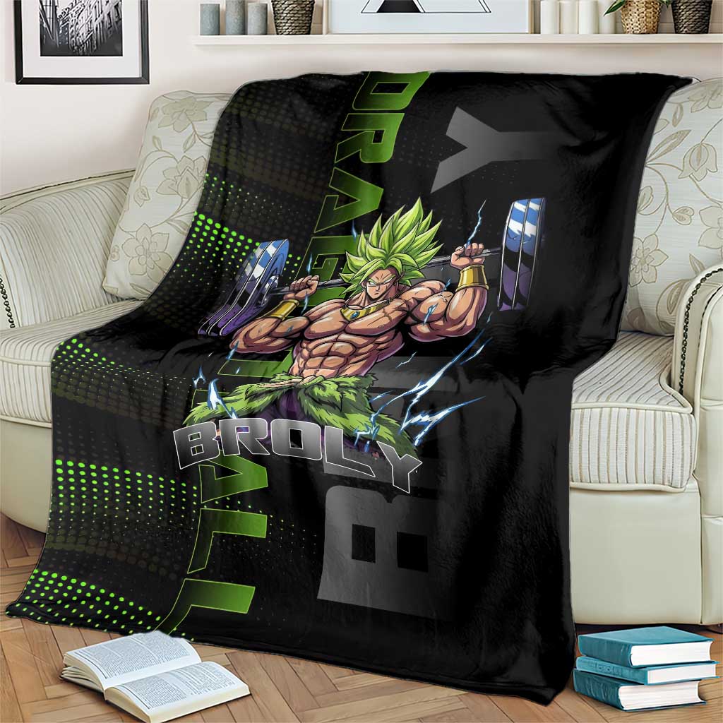 Broly Gym Theme Black and Green Design Blanket with Powerlifting Pose and Electrified Muscle Artwork - The Mazicc