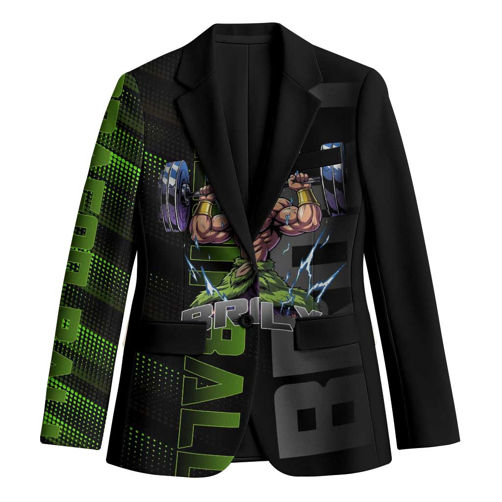 Broly Gym Theme Black and Green Design Blazer with Powerlifting Pose and Electrified Muscle Artwork - The Mazicc