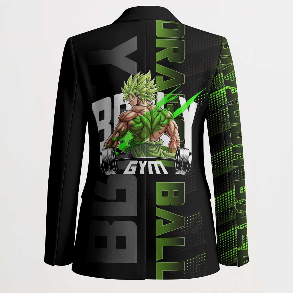 Broly Gym Theme Black and Green Design Blazer with Powerlifting Pose and Electrified Muscle Artwork - The Mazicc