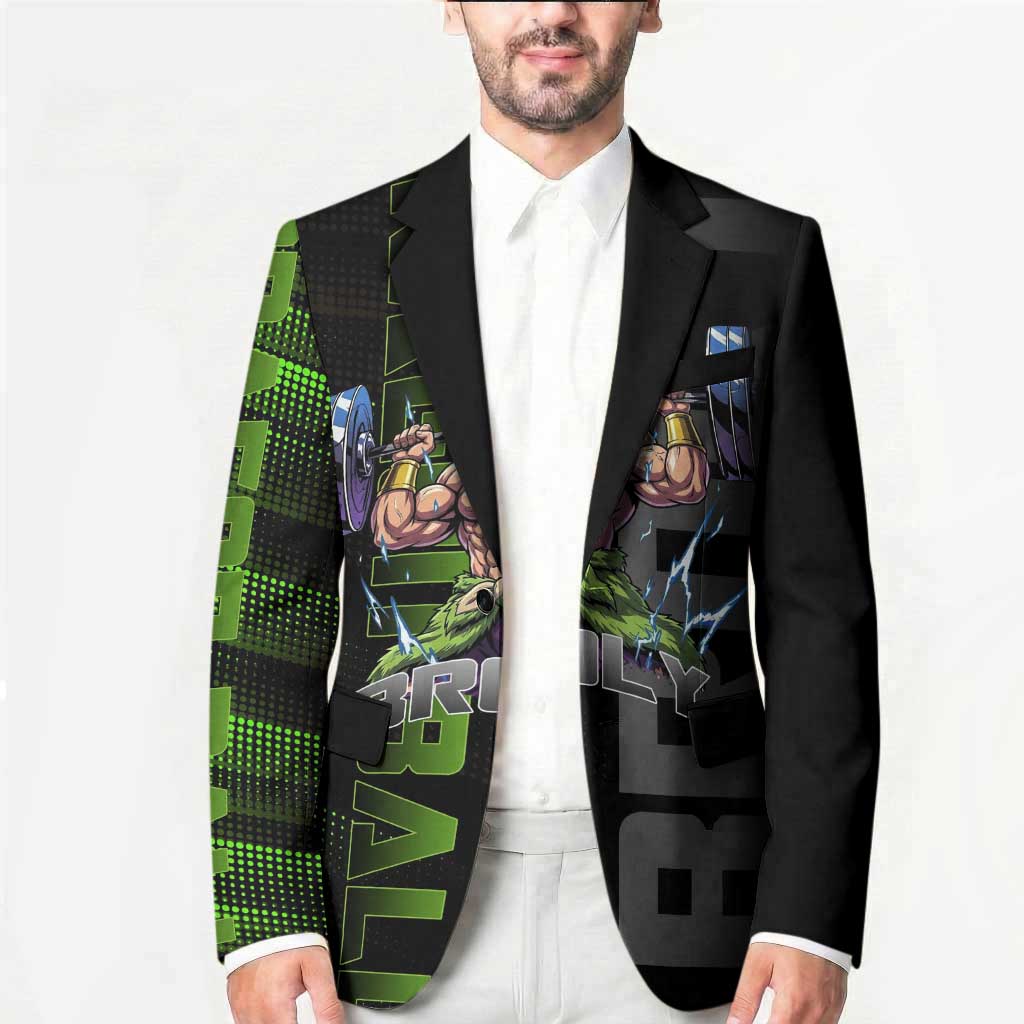 Broly Gym Theme Black and Green Design Blazer with Powerlifting Pose and Electrified Muscle Artwork - The Mazicc