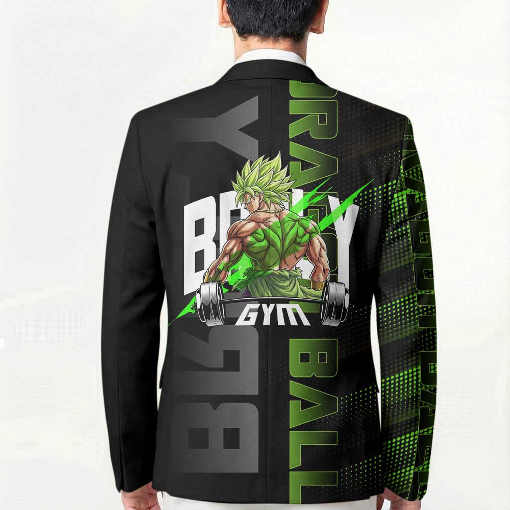 Broly Gym Theme Black and Green Design Blazer with Powerlifting Pose and Electrified Muscle Artwork - The Mazicc