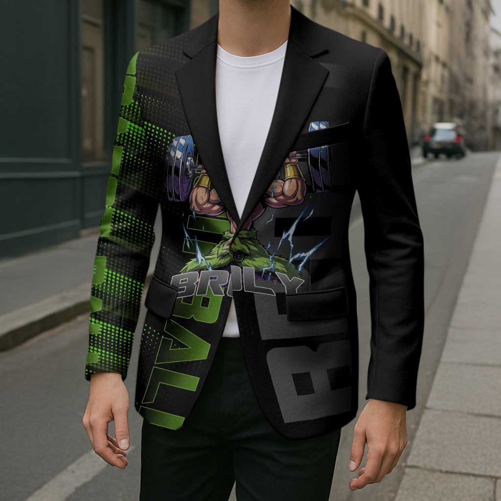 Broly Gym Theme Black and Green Design Blazer with Powerlifting Pose and Electrified Muscle Artwork - The Mazicc