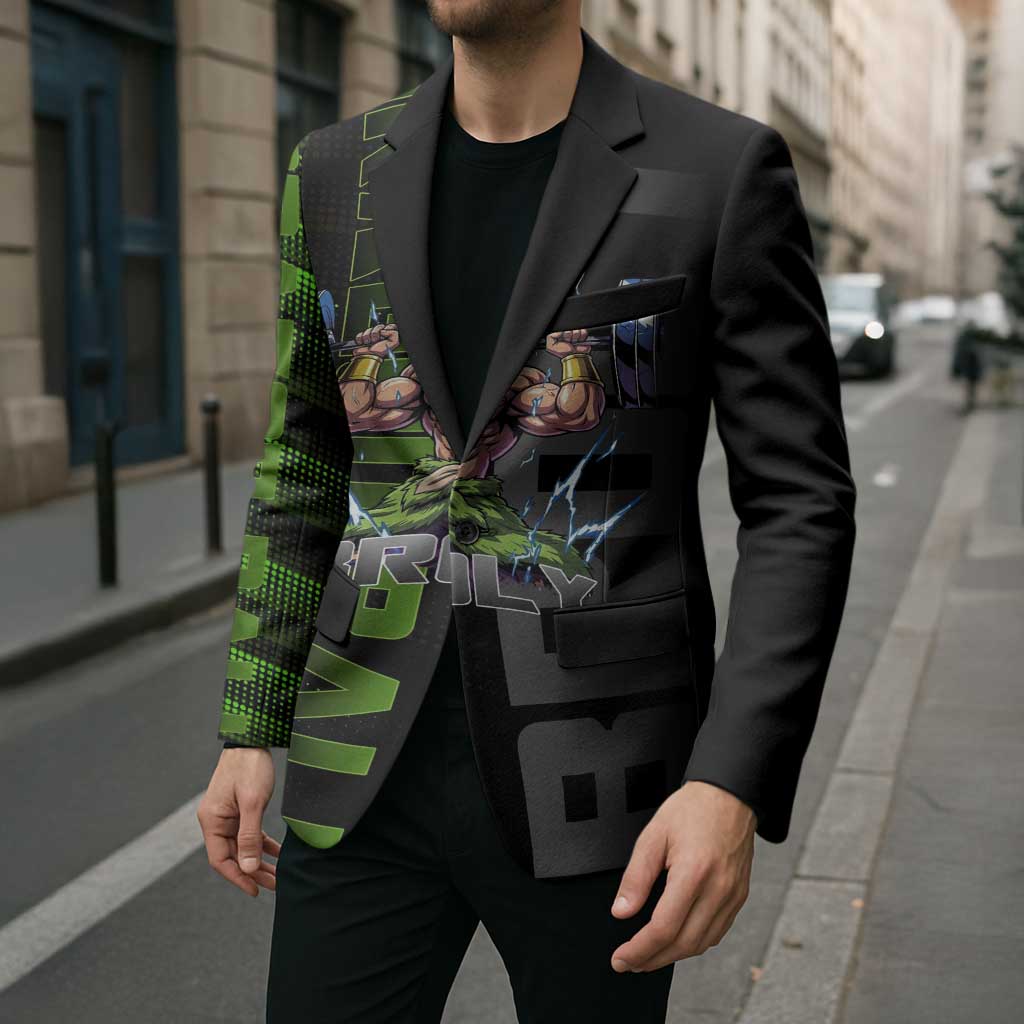 Broly Gym Theme Black and Green Design Blazer with Powerlifting Pose and Electrified Muscle Artwork - The Mazicc