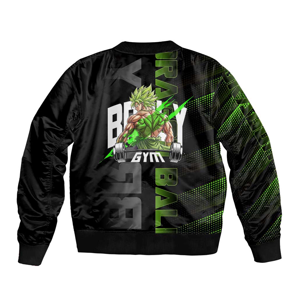 Broly Gym Theme Black and Green Design Bomber Jacket with Powerlifting Pose and Electrified Muscle Artwork - The Mazicc