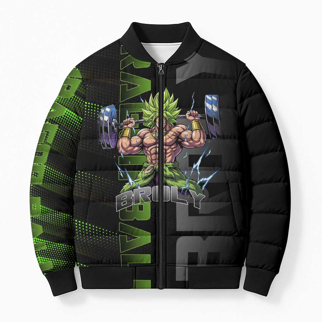 Broly Gym Theme Black and Green Design Bomber Puffer Jacket with Powerlifting Pose and Electrified Muscle Artwork - The Mazicc