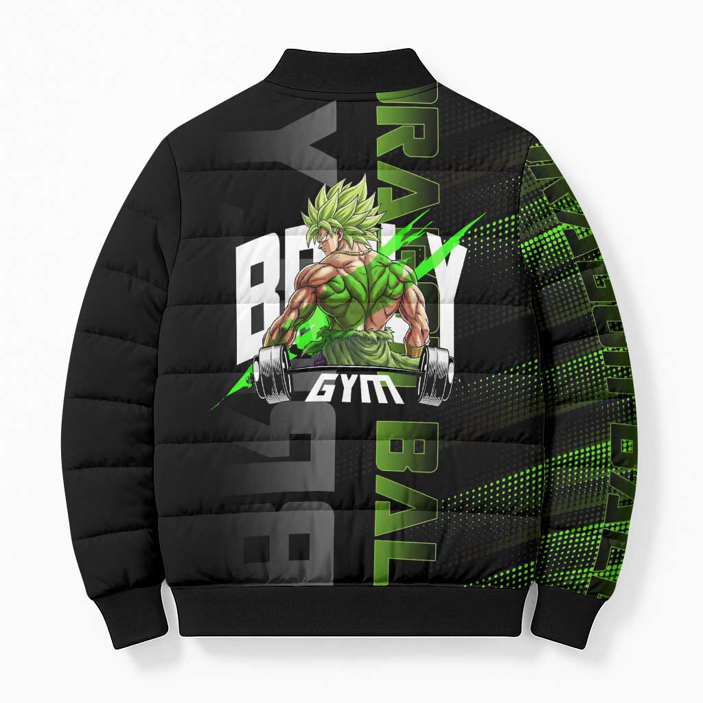 Broly Gym Theme Black and Green Design Bomber Puffer Jacket with Powerlifting Pose and Electrified Muscle Artwork - The Mazicc
