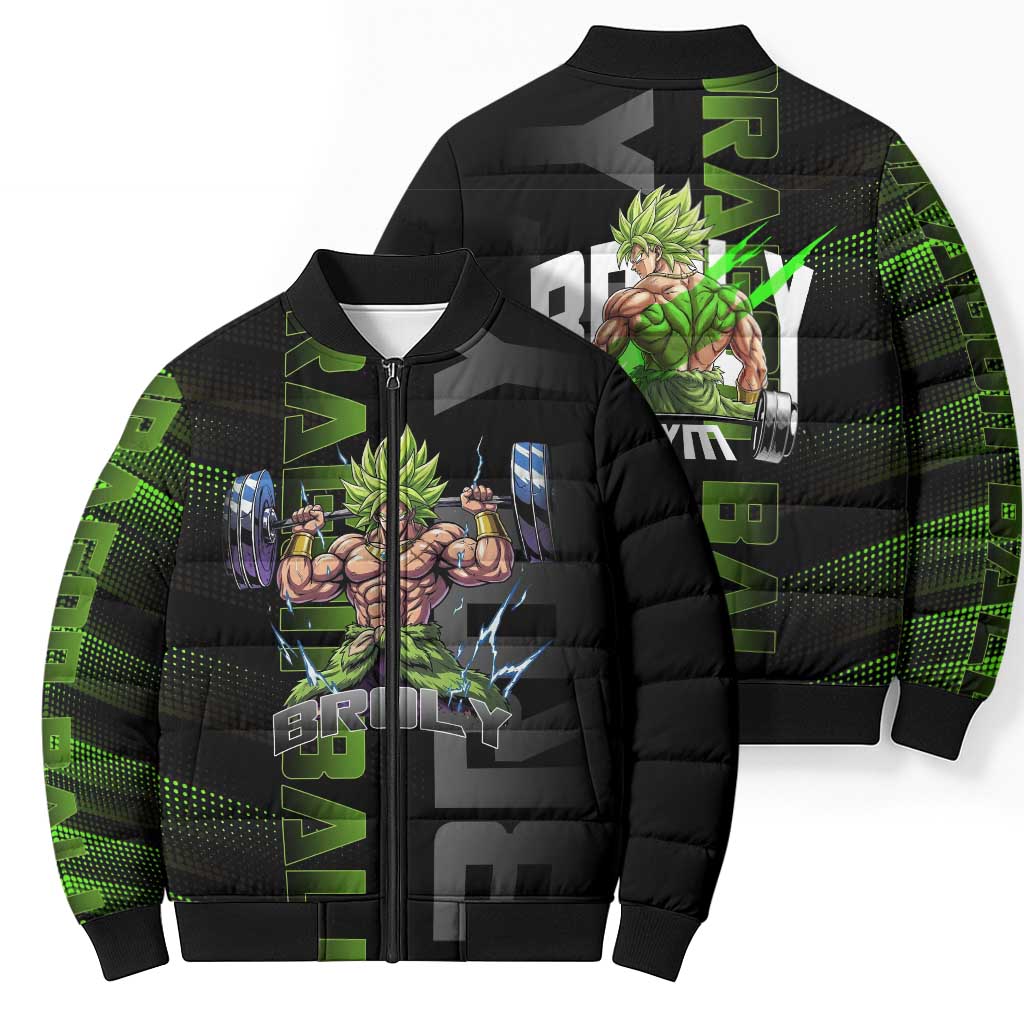 Broly Gym Theme Black and Green Design Bomber Puffer Jacket with Powerlifting Pose and Electrified Muscle Artwork - The Mazicc