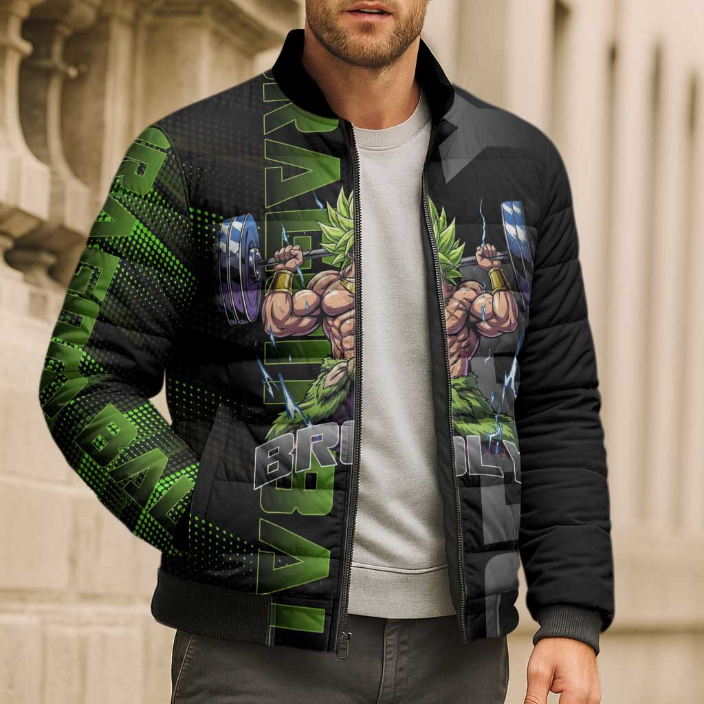 Broly Gym Theme Black and Green Design Bomber Puffer Jacket with Powerlifting Pose and Electrified Muscle Artwork - The Mazicc