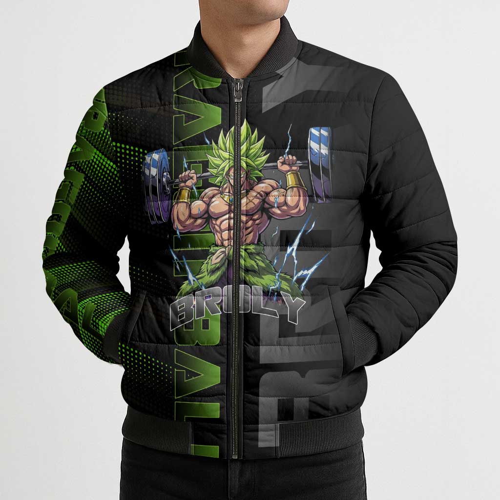Broly Gym Theme Black and Green Design Bomber Puffer Jacket with Powerlifting Pose and Electrified Muscle Artwork - The Mazicc