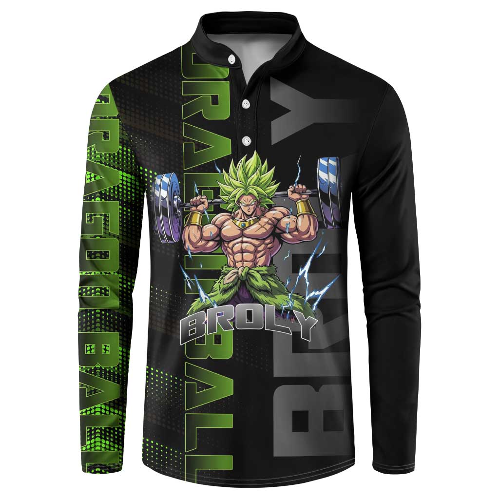 Broly Gym Theme Black and Green Design Button Sweatshirt with Powerlifting Pose and Electrified Muscle Artwork - The Mazicc