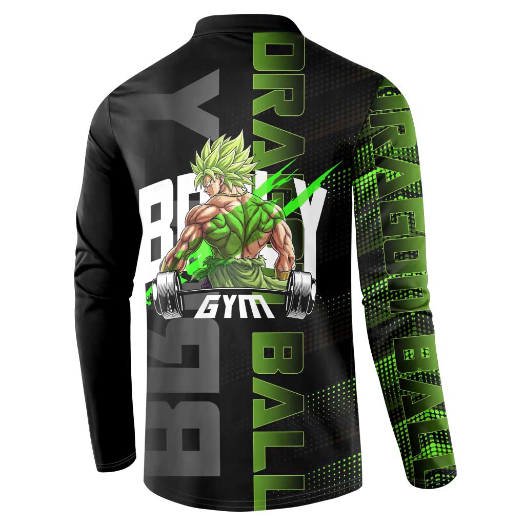 Broly Gym Theme Black and Green Design Button Sweatshirt with Powerlifting Pose and Electrified Muscle Artwork - The Mazicc