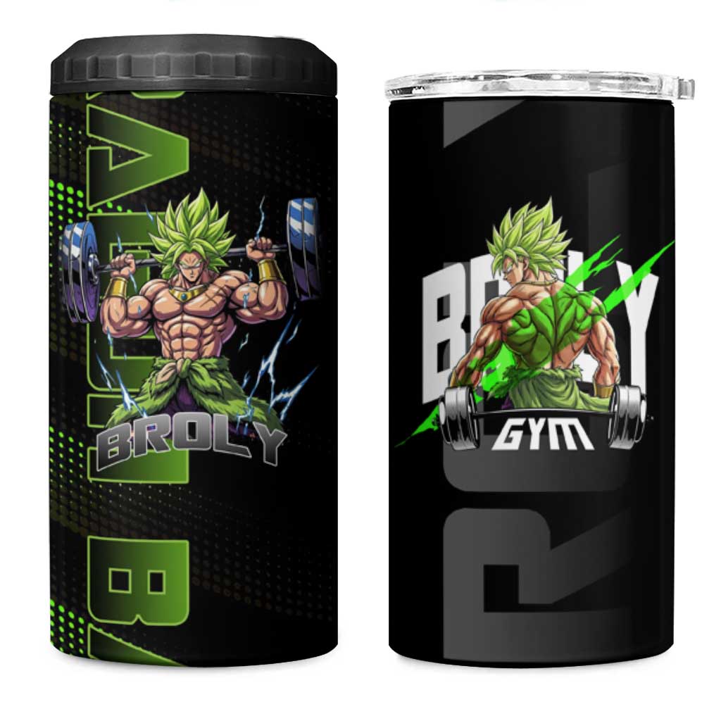 Broly Gym Theme Black and Green Design 4 in 1 Can Cooler Tumbler with Powerlifting Pose and Electrified Muscle Artwork - The Mazicc