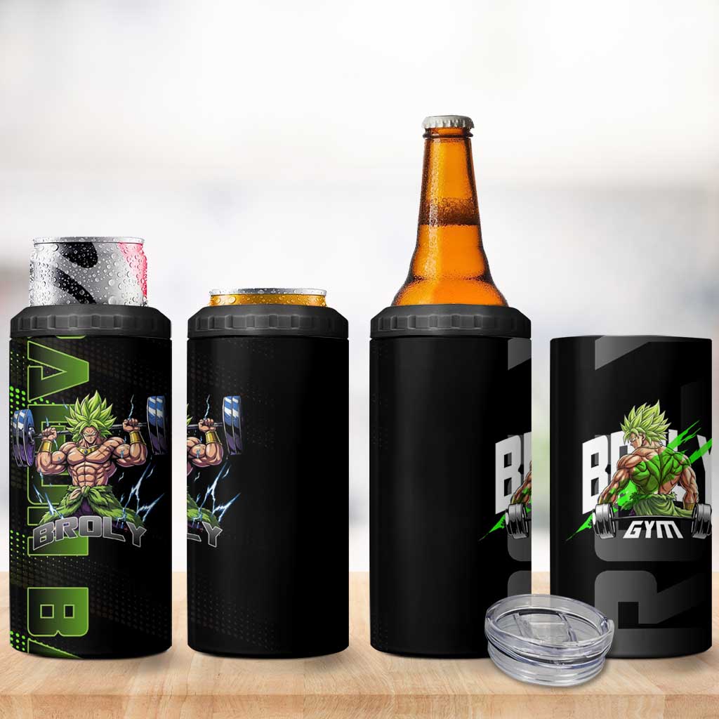 Broly Gym Theme Black and Green Design 4 in 1 Can Cooler Tumbler with Powerlifting Pose and Electrified Muscle Artwork - The Mazicc