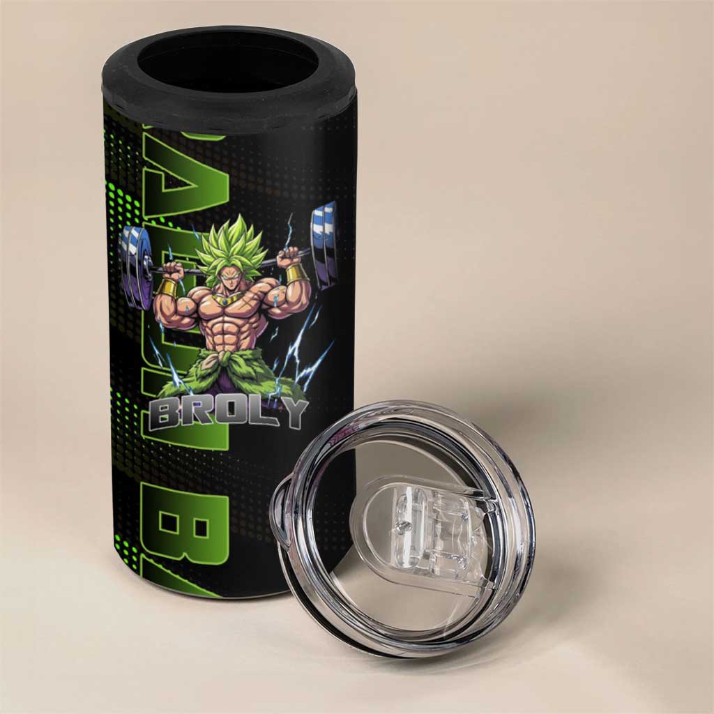 Broly Gym Theme Black and Green Design 4 in 1 Can Cooler Tumbler with Powerlifting Pose and Electrified Muscle Artwork - The Mazicc