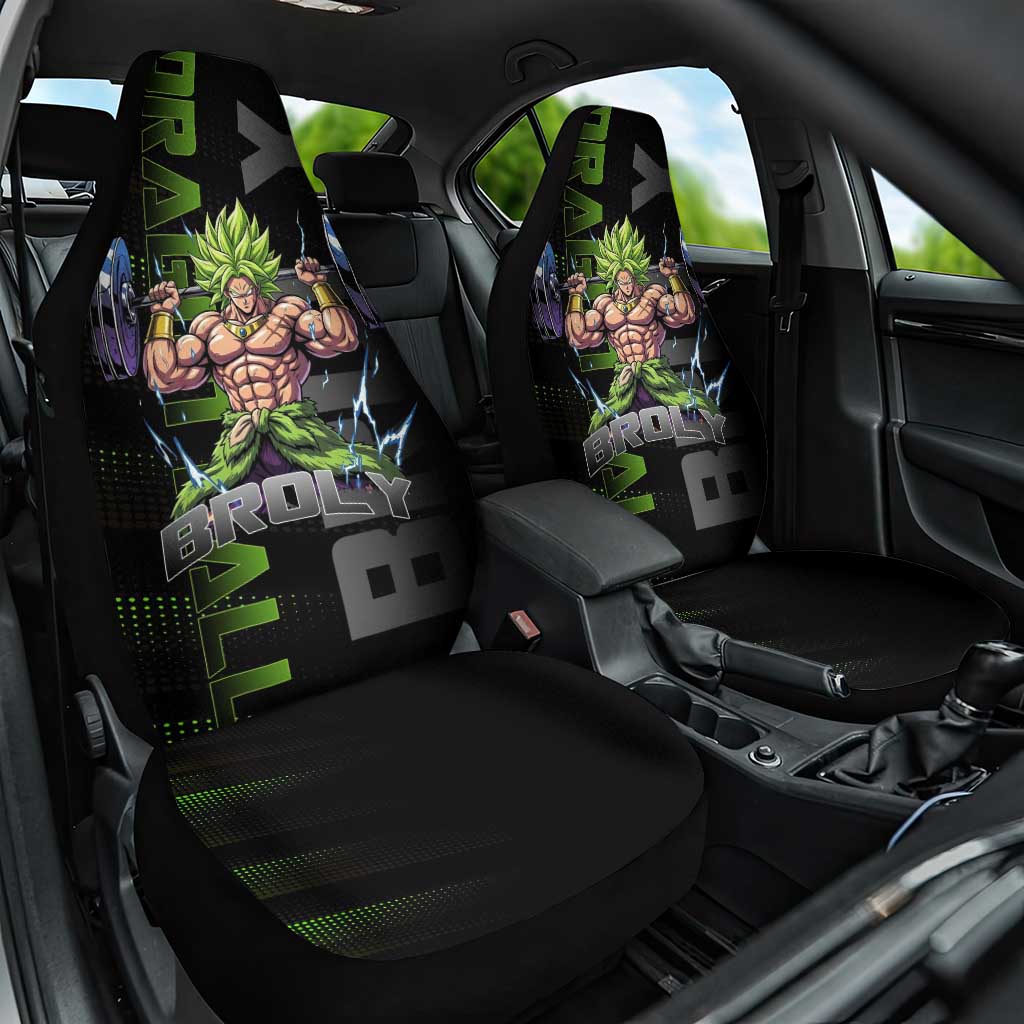 Broly Gym Theme Black and Green Design Car Seat Cover with Powerlifting Pose and Electrified Muscle Artwork - The Mazicc