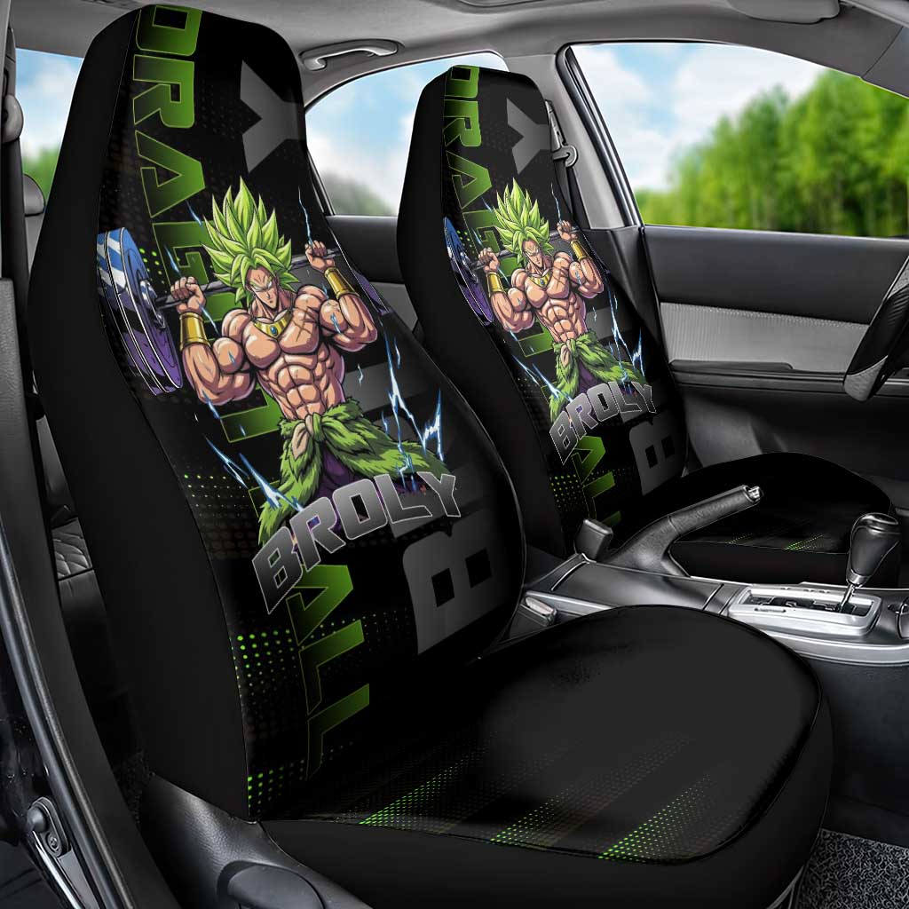 Broly Gym Theme Black and Green Design Car Seat Cover with Powerlifting Pose and Electrified Muscle Artwork - The Mazicc