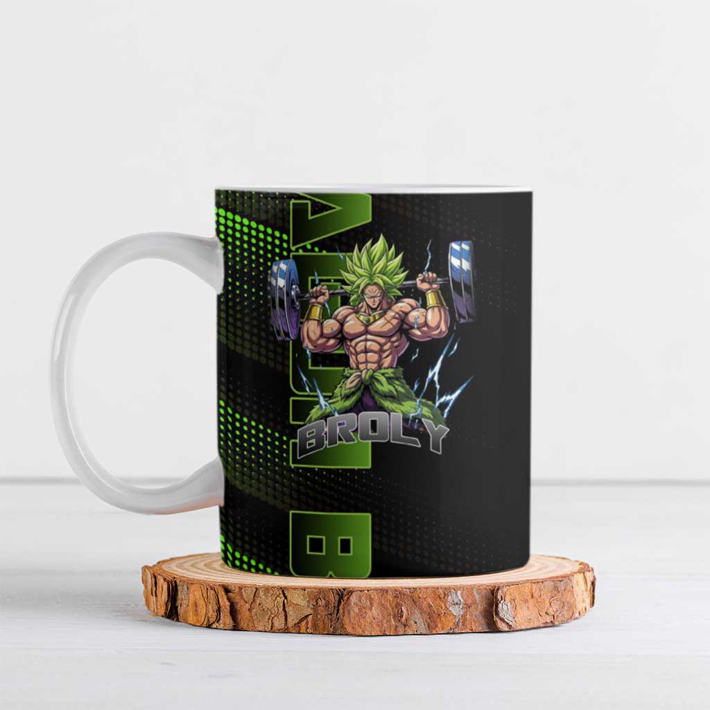 Broly Gym Theme Black and Green Design Ceramic Mug with Powerlifting Pose and Electrified Muscle Artwork - The Mazicc
