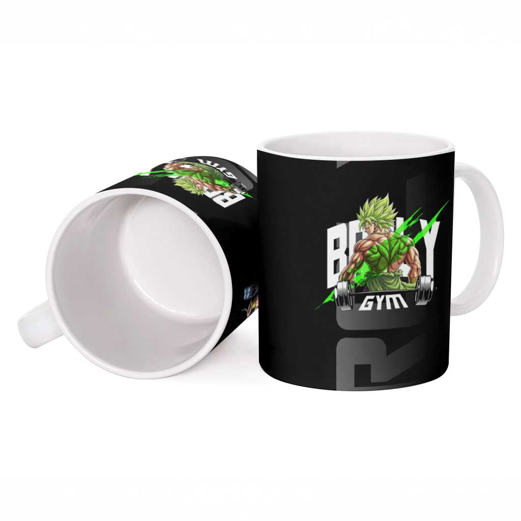 Broly Gym Theme Black and Green Design Ceramic Mug with Powerlifting Pose and Electrified Muscle Artwork - The Mazicc
