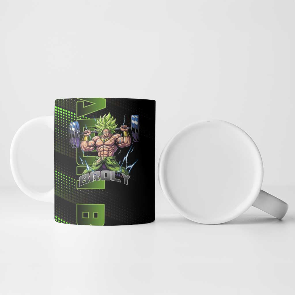 Broly Gym Theme Black and Green Design Ceramic Mug with Powerlifting Pose and Electrified Muscle Artwork - The Mazicc