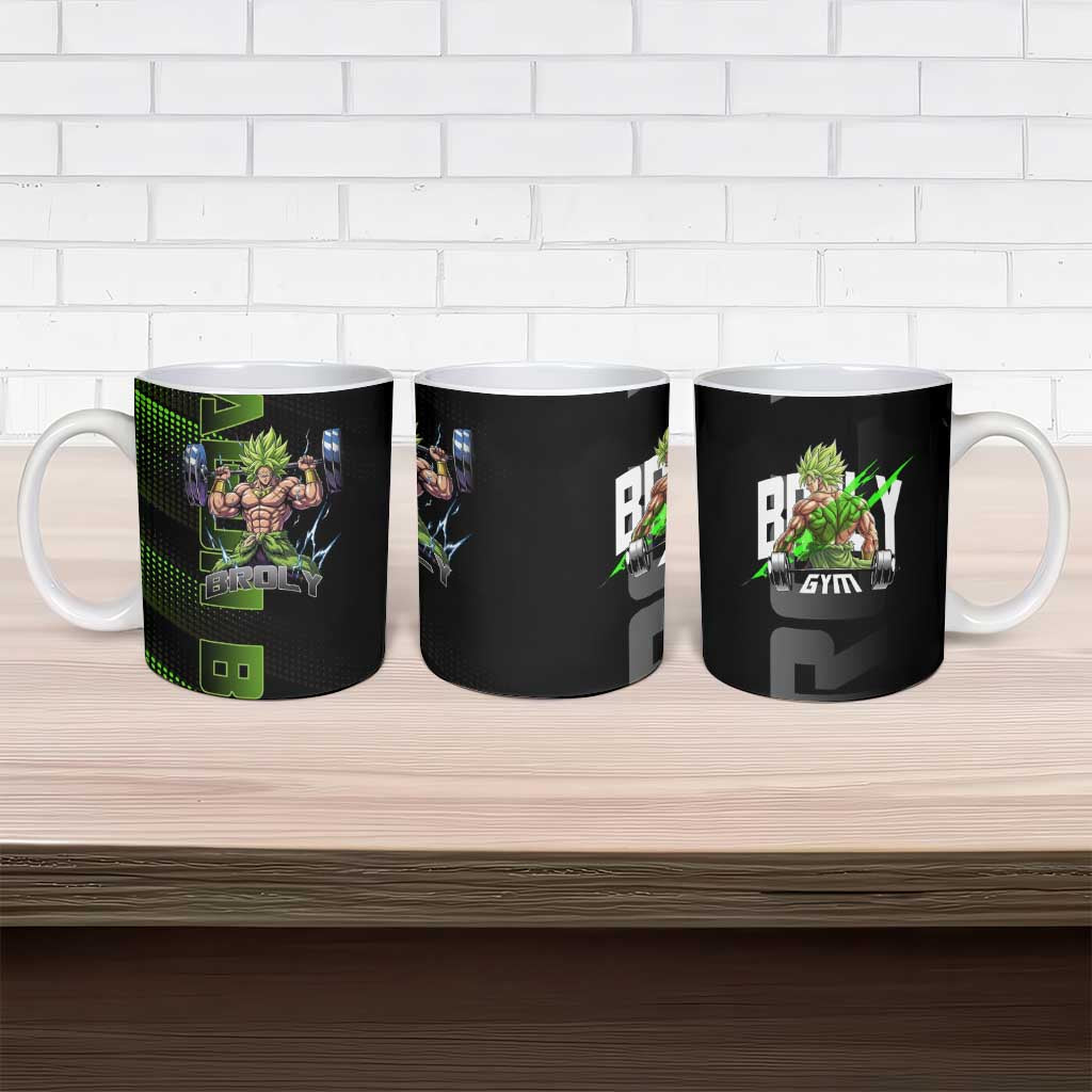 Broly Gym Theme Black and Green Design Ceramic Mug with Powerlifting Pose and Electrified Muscle Artwork - The Mazicc