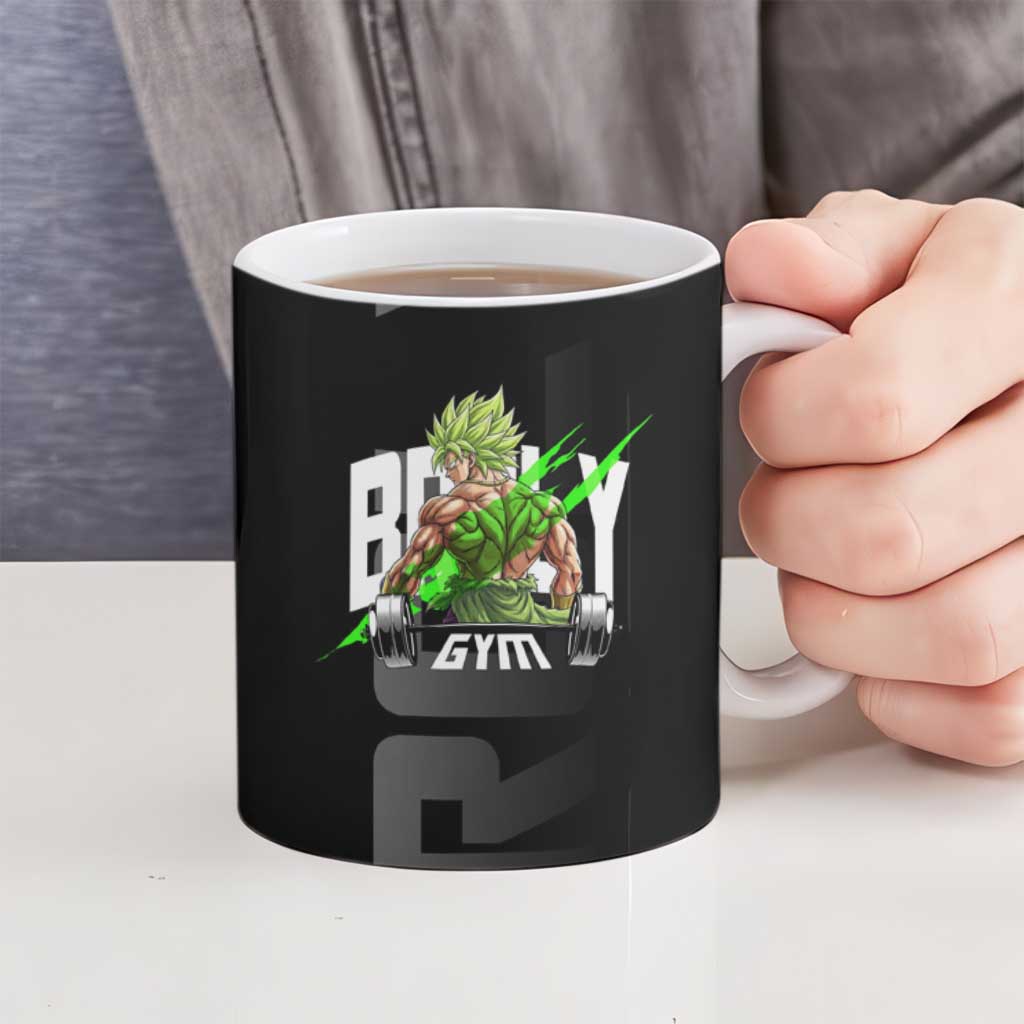 Broly Gym Theme Black and Green Design Ceramic Mug with Powerlifting Pose and Electrified Muscle Artwork - The Mazicc