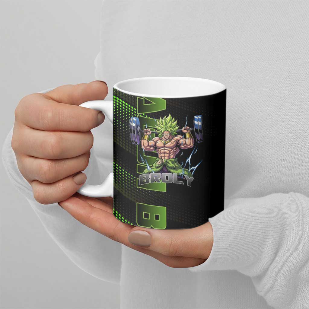 Broly Gym Theme Black and Green Design Ceramic Mug with Powerlifting Pose and Electrified Muscle Artwork - The Mazicc