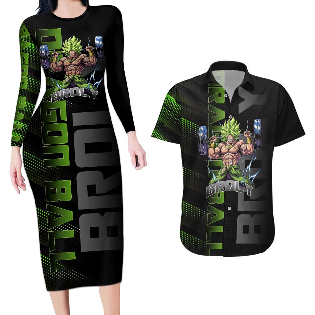 Broly Gym Theme Black and Green Design Couples Matching Long Sleeve Bodycon Dress and Hawaiian Shirt with Powerlifting Pose and Electrified Muscle Artwork - The Mazicc