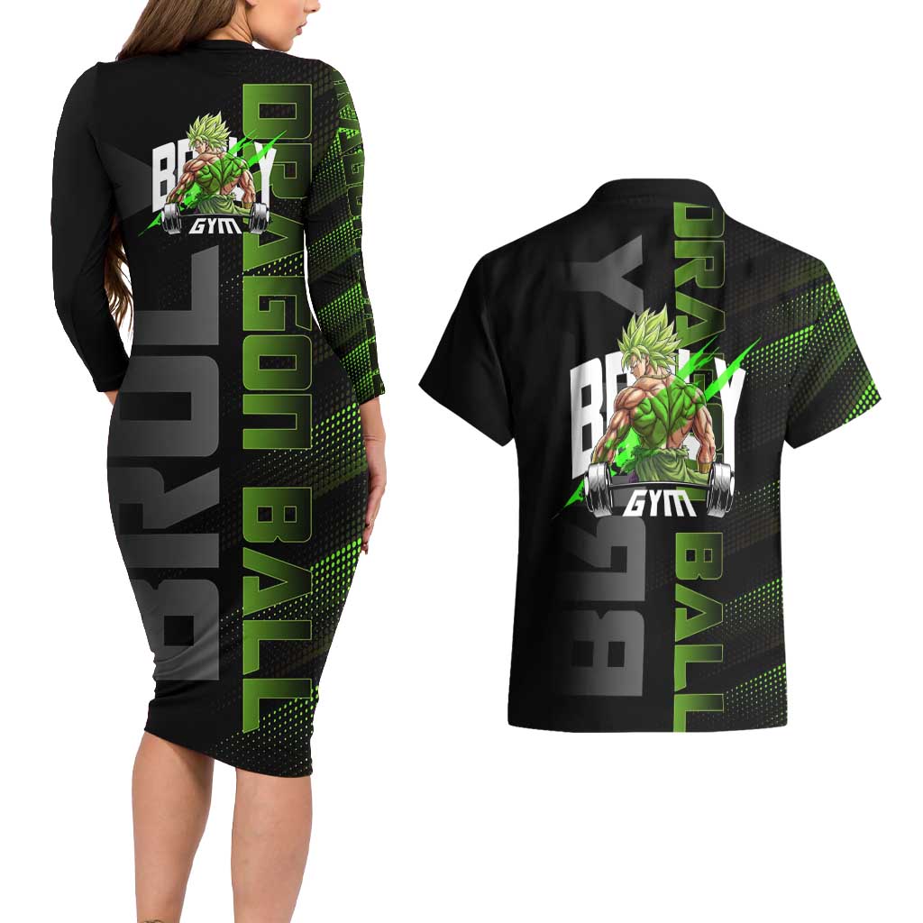 Broly Gym Theme Black and Green Design Couples Matching Long Sleeve Bodycon Dress and Hawaiian Shirt with Powerlifting Pose and Electrified Muscle Artwork - The Mazicc