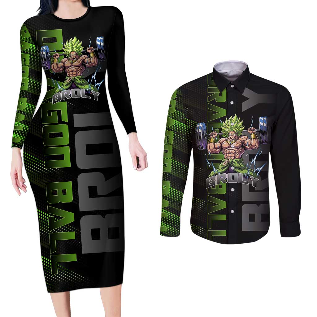 Broly Gym Theme Black and Green Design Couples Matching Long Sleeve Bodycon Dress and Long Sleeve Button Shirt with Powerlifting Pose and Electrified Muscle Artwork - The Mazicc