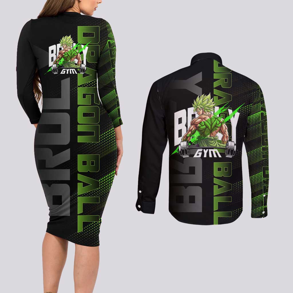 Broly Gym Theme Black and Green Design Couples Matching Long Sleeve Bodycon Dress and Long Sleeve Button Shirt with Powerlifting Pose and Electrified Muscle Artwork - The Mazicc