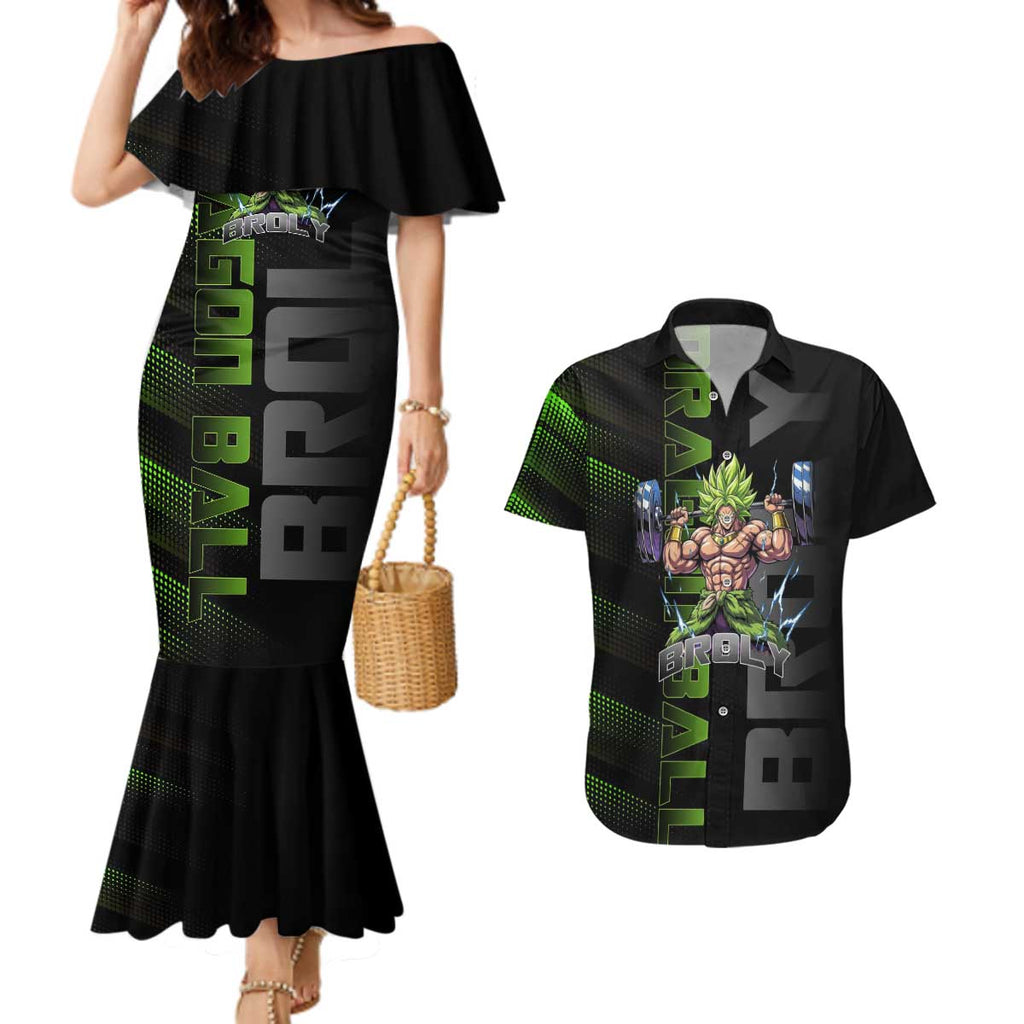 Broly Gym Theme Black and Green Design Couples Matching Mermaid Dress and Hawaiian Shirt with Powerlifting Pose and Electrified Muscle Artwork - The Mazicc