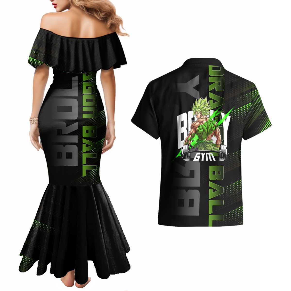 Broly Gym Theme Black and Green Design Couples Matching Mermaid Dress and Hawaiian Shirt with Powerlifting Pose and Electrified Muscle Artwork - The Mazicc