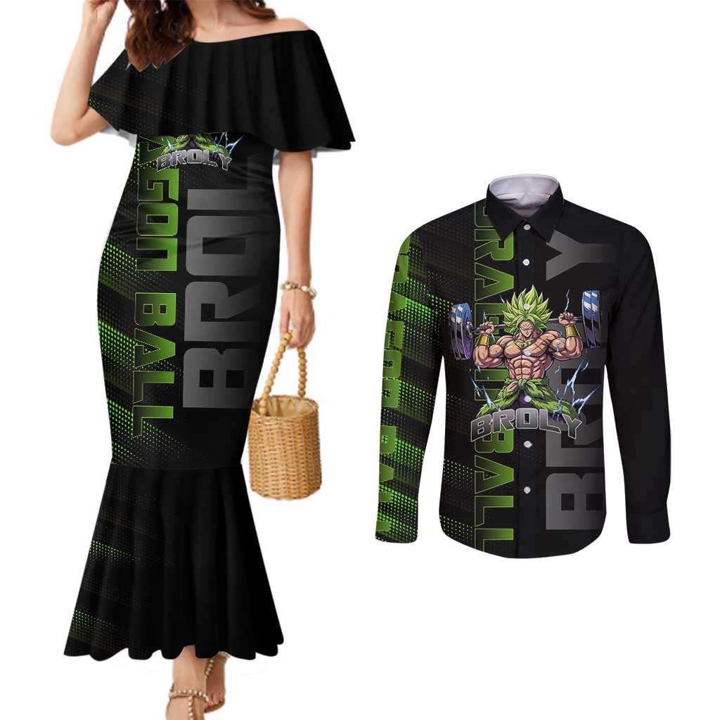 Broly Gym Theme Black and Green Design Couples Matching Mermaid Dress and Long Sleeve Button Shirt with Powerlifting Pose and Electrified Muscle Artwork - The Mazicc