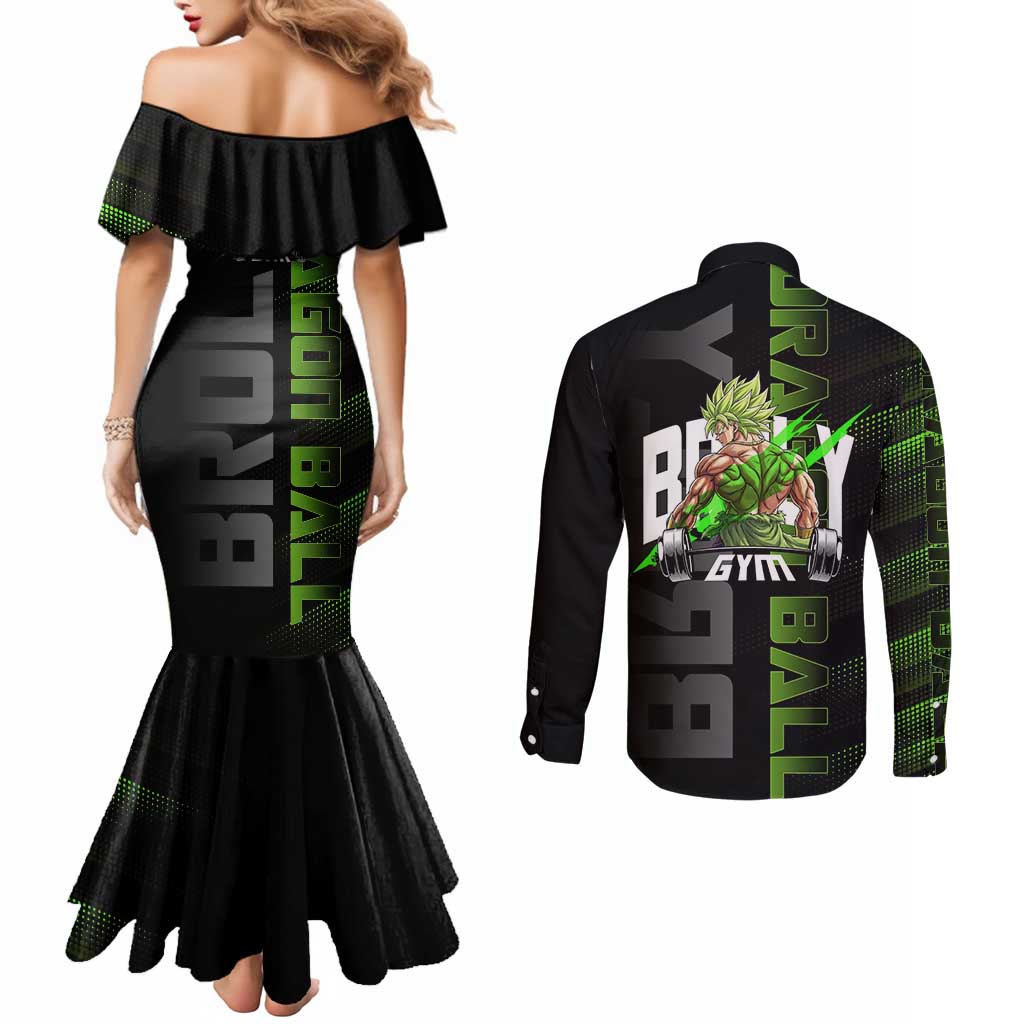 Broly Gym Theme Black and Green Design Couples Matching Mermaid Dress and Long Sleeve Button Shirt with Powerlifting Pose and Electrified Muscle Artwork - The Mazicc