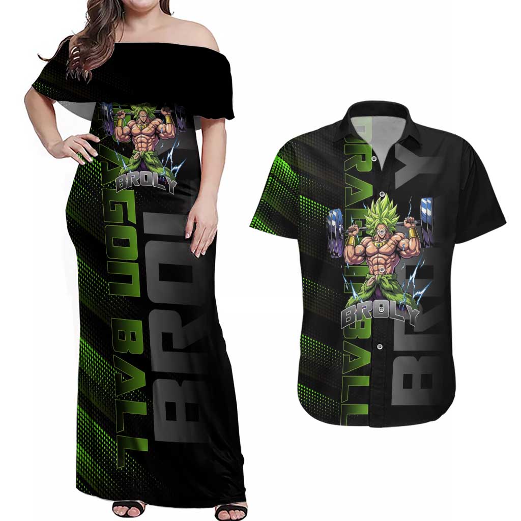 Broly Gym Theme Black and Green Design Couples Matching Off Shoulder Maxi Dress and Hawaiian Shirt with Powerlifting Pose and Electrified Muscle Artwork - The Mazicc