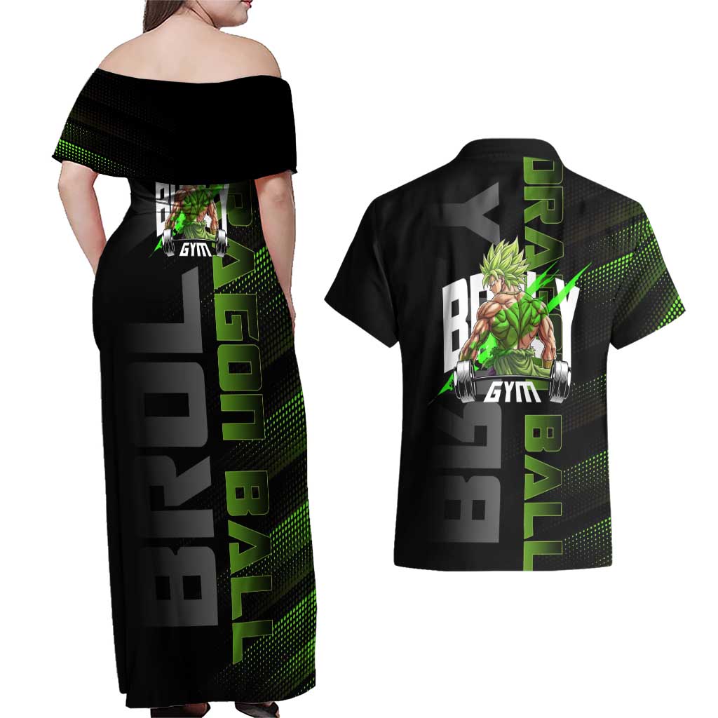 Broly Gym Theme Black and Green Design Couples Matching Off Shoulder Maxi Dress and Hawaiian Shirt with Powerlifting Pose and Electrified Muscle Artwork - The Mazicc