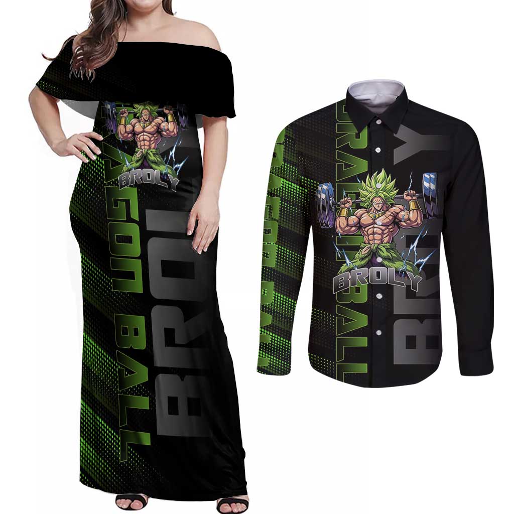 Broly Gym Theme Black and Green Design Couples Matching Off Shoulder Maxi Dress and Long Sleeve Button Shirt with Powerlifting Pose and Electrified Muscle Artwork - The Mazicc