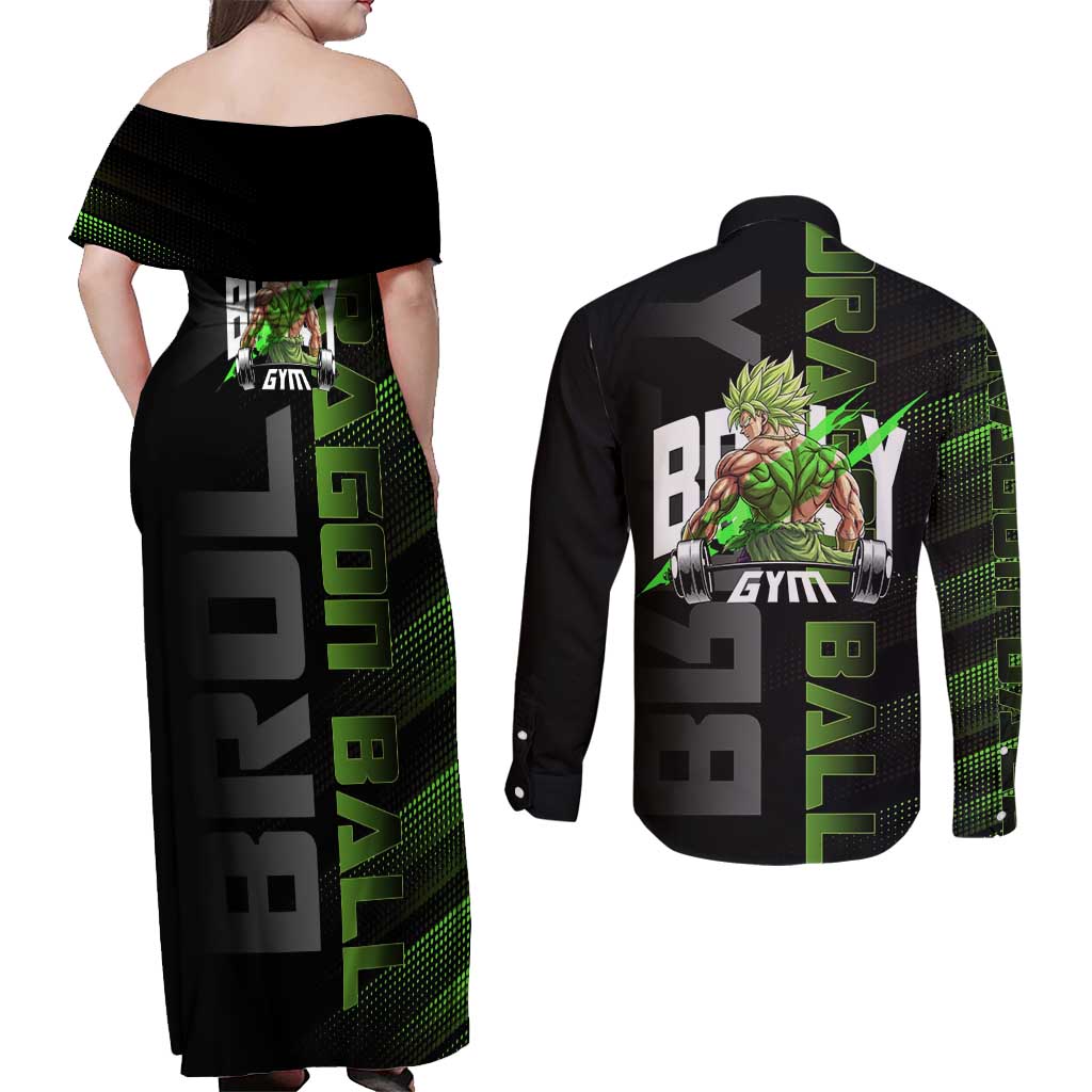 Broly Gym Theme Black and Green Design Couples Matching Off Shoulder Maxi Dress and Long Sleeve Button Shirt with Powerlifting Pose and Electrified Muscle Artwork - The Mazicc