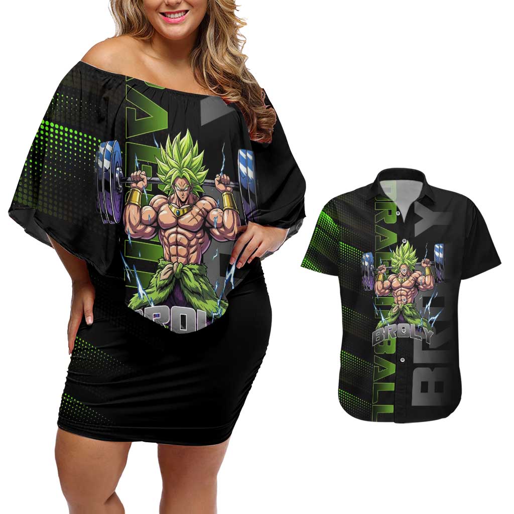Broly Gym Theme Black and Green Design Couples Matching Off Shoulder Short Dress and Hawaiian Shirt with Powerlifting Pose and Electrified Muscle Artwork - The Mazicc