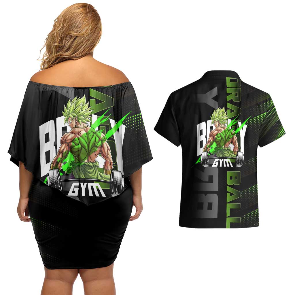 Broly Gym Theme Black and Green Design Couples Matching Off Shoulder Short Dress and Hawaiian Shirt with Powerlifting Pose and Electrified Muscle Artwork - The Mazicc