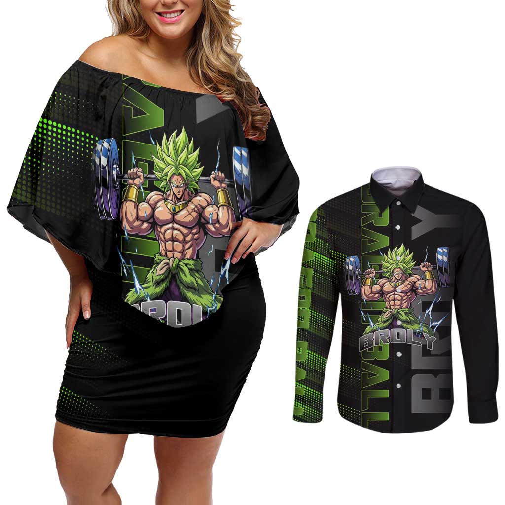 Broly Gym Theme Black and Green Design Couples Matching Off Shoulder Short Dress and Long Sleeve Button Shirt with Powerlifting Pose and Electrified Muscle Artwork - The Mazicc